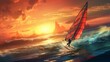 A windsurfer catching air and riding the waves with skill, sail billowing against a vibrant sunset