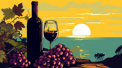 copy space, vector illustration, bottle and glass of wine with grapes, National Wine Day greeting card, grapes fruit with a glass of wine and a bottle. Glass filles with wine, some grapes and a winebo