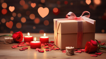 Poster - Beautifully wrapped gift box with a ribbon, surrounded by red roses, rose petals,creating a romantic and intimate atmosphere.