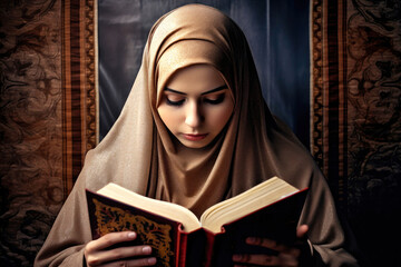 A woman studies the Koran. A girl in a mosque reads a holy book. Belief in Allah.