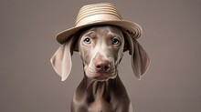 Portrait Of Weimaraner Dog In Stylish Hat, Canine Isolated On Clean Background
