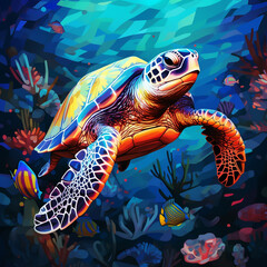 Wall Mural - A huge sea turtle swims in the deep blue ocean with a variety of corals and fish on its back, Generate AI.