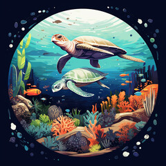 Canvas Print - A huge sea turtle swims in the deep blue ocean with a variety of corals and fish on its back, Generate AI.