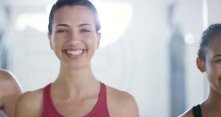 Sticker - Smile, face or happy people in gym for fitness workout, exercise or healthy wellness in line. Portrait, teamwork and proud group of sports athletes ready for a training class with confidence or pride