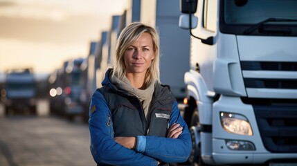 Portrait of professional woman driver and truck in the background