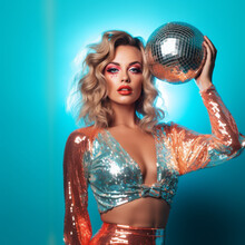 Woman in a party dress with a disco ball on a blue background.