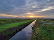 Kanały wodne na polach w Holandii, krajobraz o wschodzie słońca.