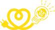 ハートの形をした黄色の電気コード、電源プラグと電球