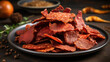 Tasty beef jerky seasoned and dried meat, a portable protein snack, perfect for quick energy.