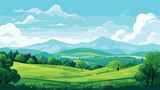 Fototapeta Pokój dzieciecy -  cartoon summer landscape with green hills trees. Vector illustration 