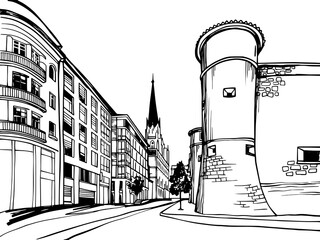 Wall Mural - Nice view of ancient street in Paris. France. Hand drawn urban sketch. Black and white urban illustration. White background.