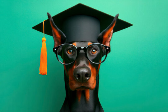 Surprised doberman dog in glasses wear graduation hat on bright green background. ai generative
