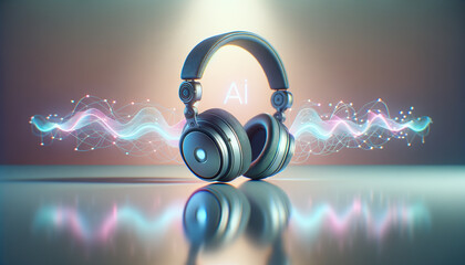 Wall Mural - Minimalist AI Music: Pristine headphones with digital elements on reflective surface.