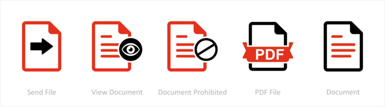 A set of 5 Document icons as send file view document, document prohibited