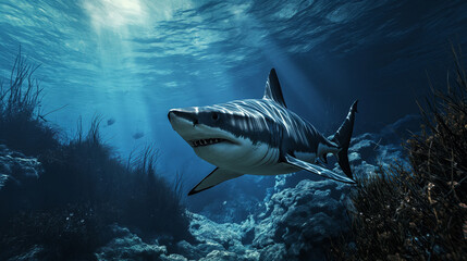 Ocean shark bottom view from below. Open toothy dangerous mouth with many teeth. Underwater blue sea waves clear water shark swims forward