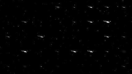 Poster - Template animation of evenly spaced helicopter symbols of different sizes and opacity. Animation of transparency and size. Seamless looped 4k animation on black background with stars