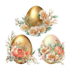 Poster - golden easter eggs with flowers vintage style watercolor on white background