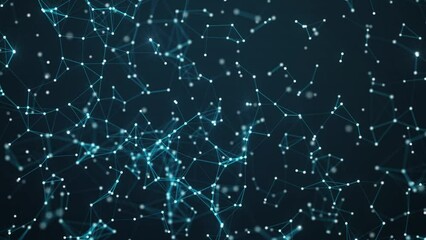 Poster - Dots and lines in the center blur in slow motion with a dark blue background, cybersecurity, and network wireframe technology background, polygons dot network connection. Plexus lines and points
