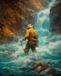 A weathered prospector panning for gold in a rushing river