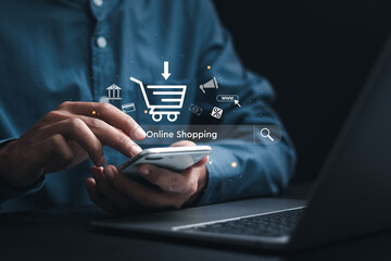 Wall Mural - online shopping concept. businessman using smartphone with online shopping to digital cart from onli