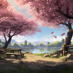 Wall Mural - A peaceful picnic spot under the shade of a blossoming cherry tree.