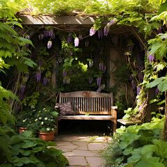 Wall Mural - A secluded garden with a rustic bench and climbing vines