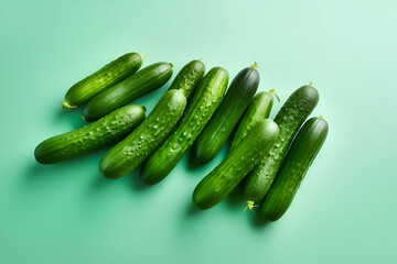 Wall Mural - Fresh Cucumbers on Green Background