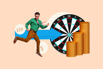 Poster - Artwork collage image of delighted mini guy jump raise fists arrow pointer big pile stack money coins darts board isolated on beige background