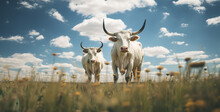Cow In The Field, Two White Longhorn Cattle Standing In A Field