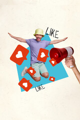 Poster - Vertical creative collage picture excited enjoy young man jump high photo loudspeaker pour like heart symbol reaction social media post