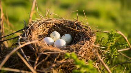 Un nid naturel d'oiseau avec des oeufs dans l'herbe.