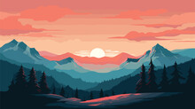  Digital Illustration Mountain Landscape With Sunset Background. Vector Illustration 