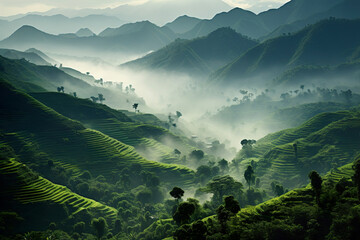 Canvas Print - Green hills touching clouds and river is flowing. Generative Ai