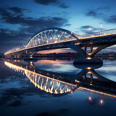 Canvas Print - Modern bridge with lights reflecting in the calm water below