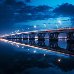 Canvas Print - Modern bridge with lights reflecting in the calm water below