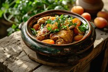 Moroccan Culinary Delight: Chicken Tagine With Apricots And Almonds - A Slow-Cooked Stew Infused With Exotic Spices, Creating An Authentic North African Dish Bursting With Flavor.

