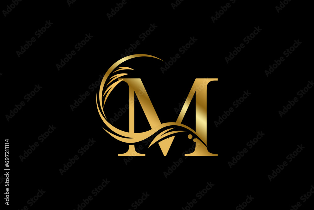 Gold letter M logo design with beautiful leaf, flower and feather ...