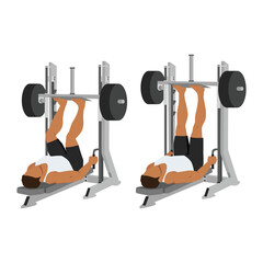 Man doing smith machine leg press exercise or reverse squat. Lying leg press exercise. Flat vector illustration isolated on white background