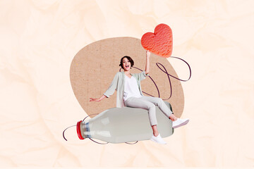 Poster - Collage picture of astonished mini girl sitting huge glass milk bottle arm hold heart shape cookie isolated on paper beige background