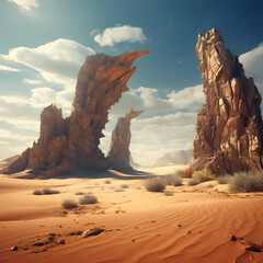 Wall Mural - Surreal desert landscape with rock formations resembling ancient ruins.