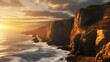 Coastal Cliffs at Sunset, Dramatic cliffs along the coastline with waves crashing below, illuminated by the golden glow of the setting sun, background image, generative AI