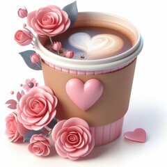 Wall Mural - Paper cup of coffee with pink heart, with pink roses, 3d illustration, render, in cute style, in cartoon style, high quality, on white background. Advertising coffee for Valentine’s Day.