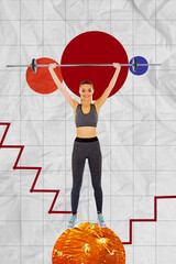 Sticker - Collage artwork picture of strong cool lady rising barbell training biceps isolated graphical background