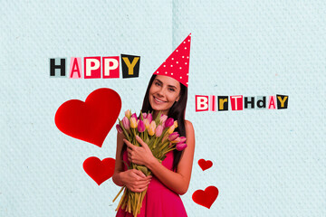 Sticker - Creative collage poster banner smiling cheerful young woman hold bouquet birthday gift good mood festive celebration drawing background