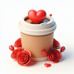 Wall Mural - Paper cup of coffee with red heart, with red roses, 3d illustration, render, in cute style, in cartoon style, high quality, on white background. Advertising coffee for Valentine’s Day.