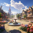 Village square adorned with vibrant flowers and a central fountain.
