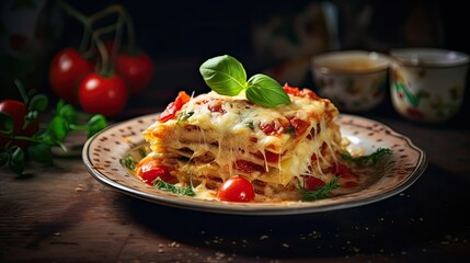 Lasagna on plate. Delicious Italian national dish with meat and tomatoes. AI Generated.