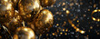Golden balloons with confetti and ribbons on black background. 