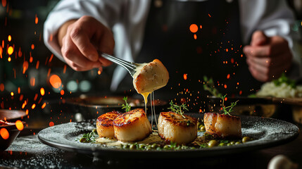 Wall Mural - Chef cooking scallops with sauce on black plate, closeup