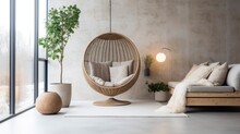 Modern Living Room Featuring Stylish Hanging Basket Chair